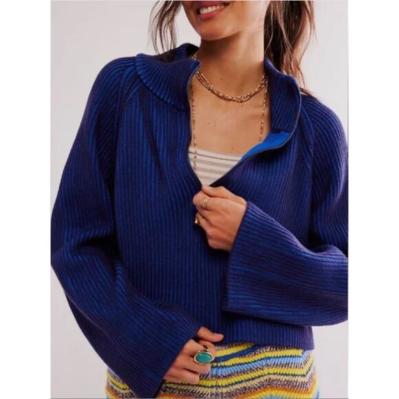 Free People Greta Half Zip Sweater Medium Ribbed Knit Wide Sleeve Crop Preppy - Picture 1 of 12
